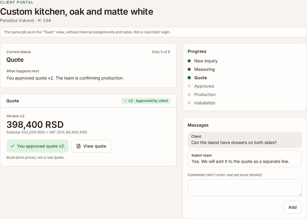Actual Kalem Operations demo, quote v2 approved. Fictional data and illustrative amounts.